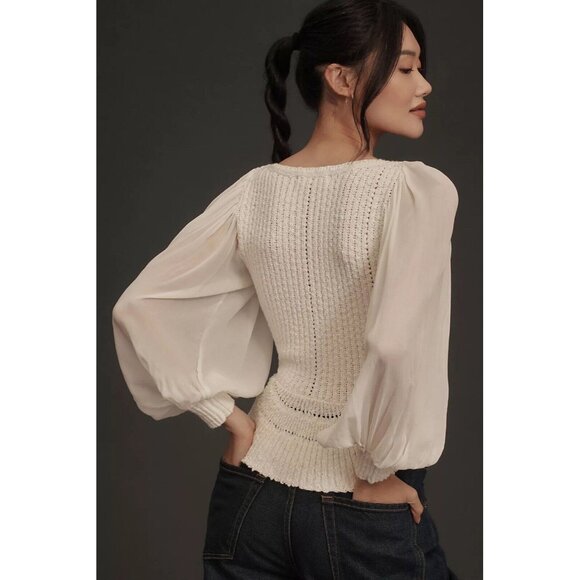 NWT! ANTHROPOLOGIE‎ Sheer Long-Sleeve V-Neck Knit Sweater Ivory Cream Size S - Picture 3 of 11